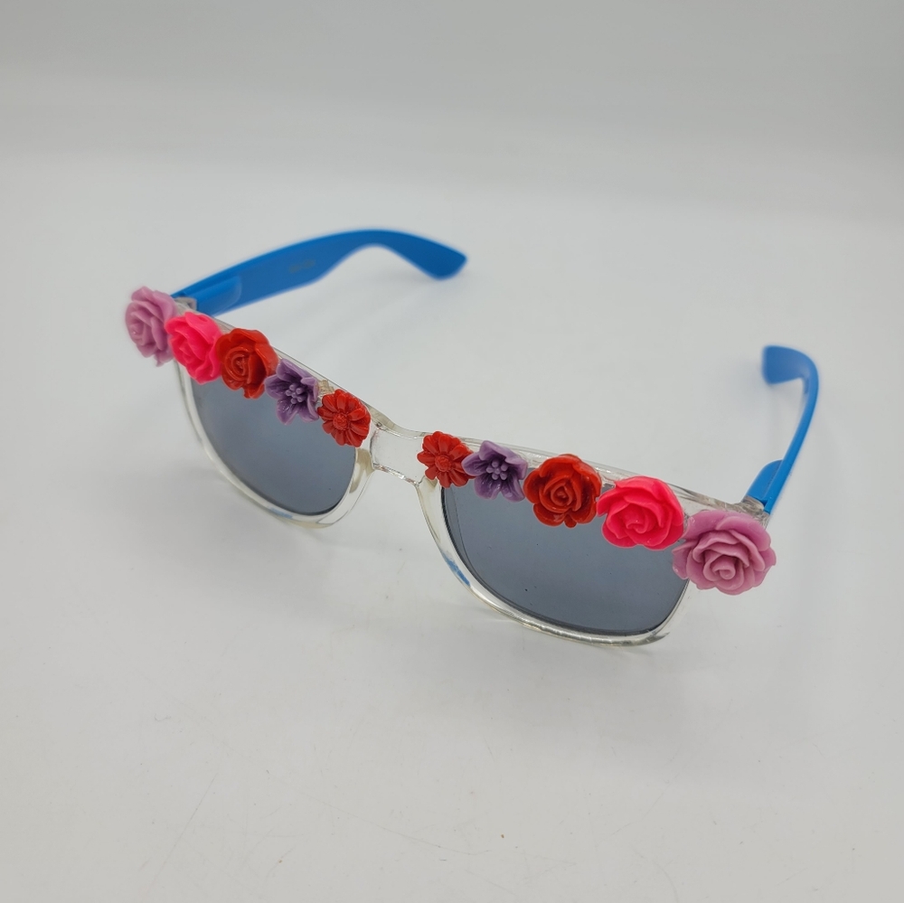 Floral Embellished Sunglasses, Blue Arms, Trendy Festival Wear - Picture 1 of 5
